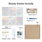 What's included pre-stretched on frame: six framed Hong Kong Harbor mini canvases, paints, three brushes, hangers and layout