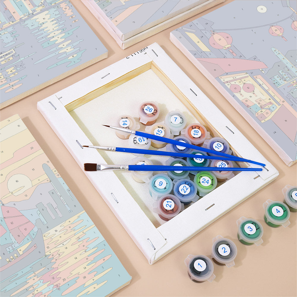 Numbered paint pots and brushes on a pre-stretched Hong Kong Harbor mini canvas