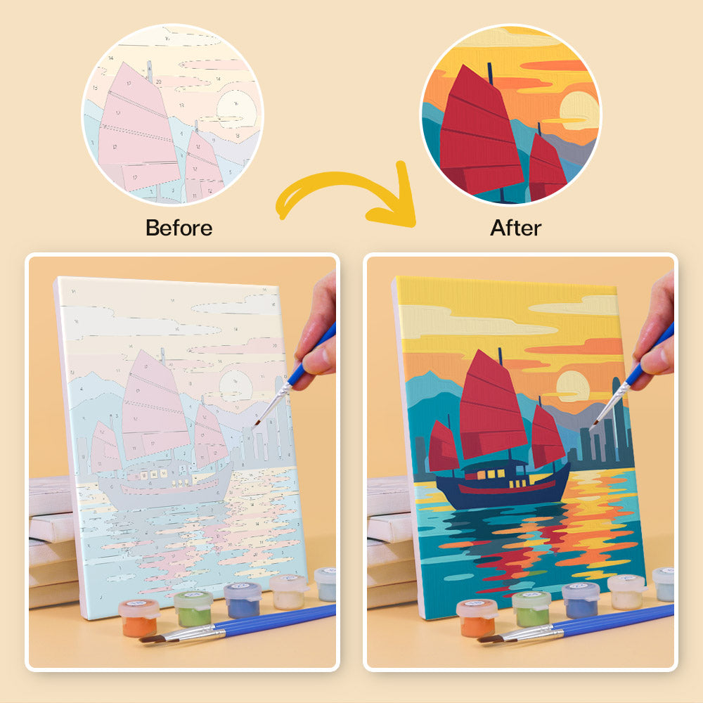 Before and after of a Hong Kong Harbor mini paint by numbers canvas