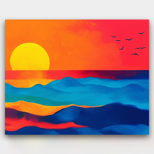 Colorful abstract painting of a sunset over water with birds.