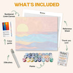 What's included in the Horizon Awakens paint by numbers kit: numbered linen canvas, reference sheet, color guide, 24 acrylic paints, 3 brushes and thank you card