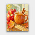 Hot Cider Season paint by numbers kit of a steaming mug of cider with cinnamon sticks, red apples and autumn leaves