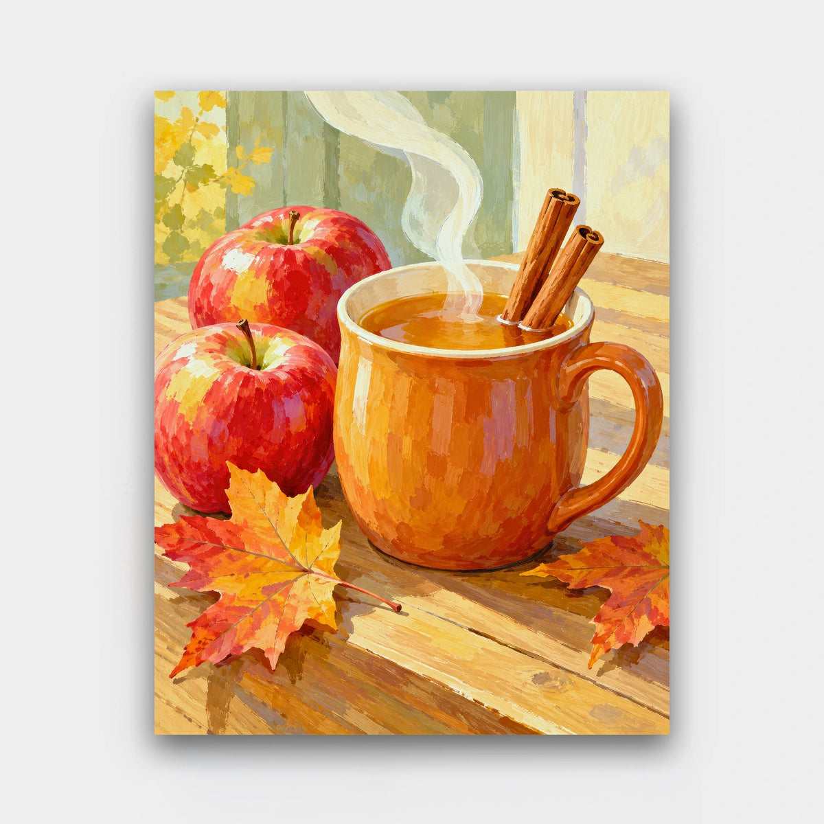 Hot Cider Season paint by numbers kit of a steaming mug of cider with cinnamon sticks, red apples and autumn leaves