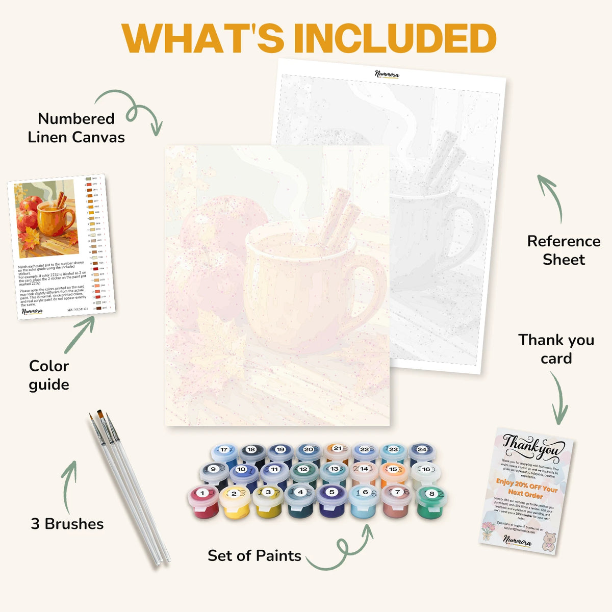 What's included in the Hot Cider Season paint by numbers kit: numbered linen canvas, reference sheet, color guide, 24 acrylic paints, 3 brushes and thank you card