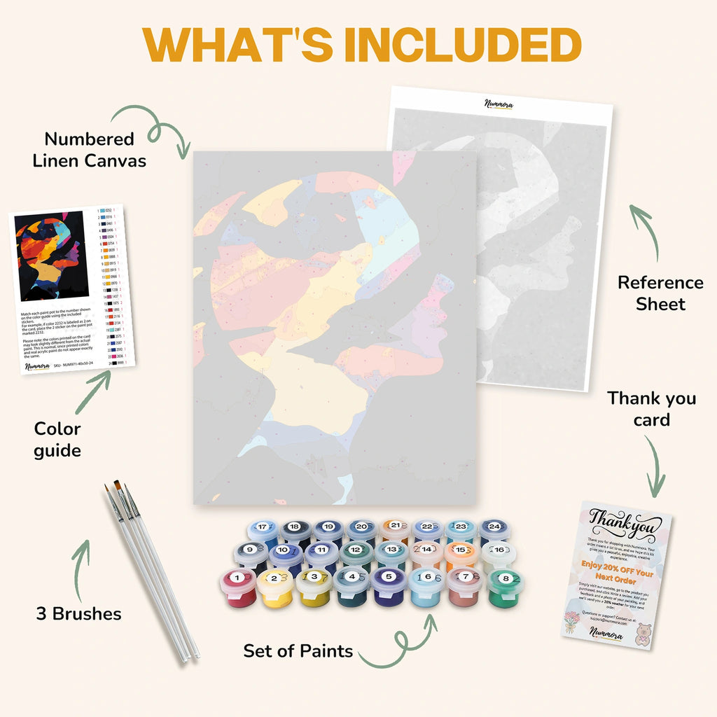 What's included in the Human fragmented paint by numbers kit: numbered linen canvas, reference sheet, color guide, 24 acrylic paints, 3 brushes and thank you card