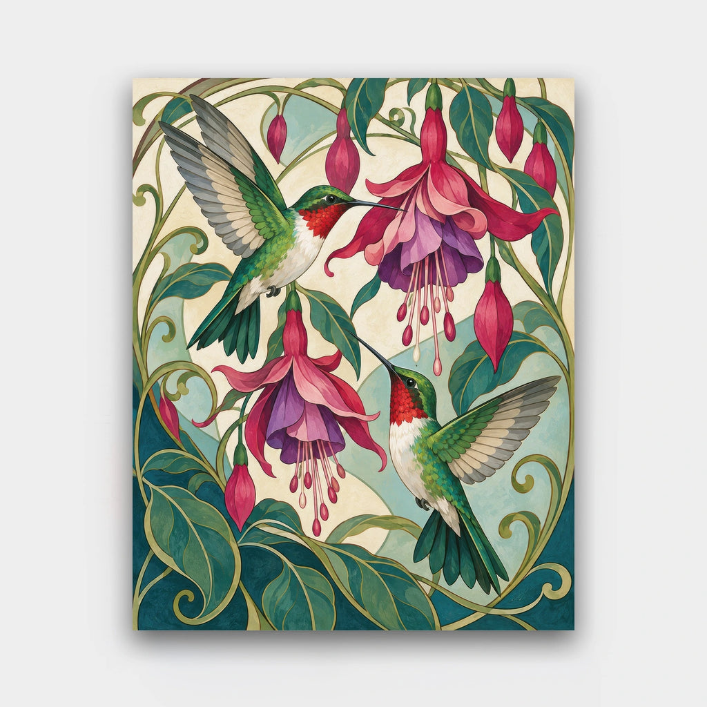 Hummingbirds and Fuchsias paint by numbers kit of two ruby-throated hummingbirds among hanging pink and purple fuchsia flowers