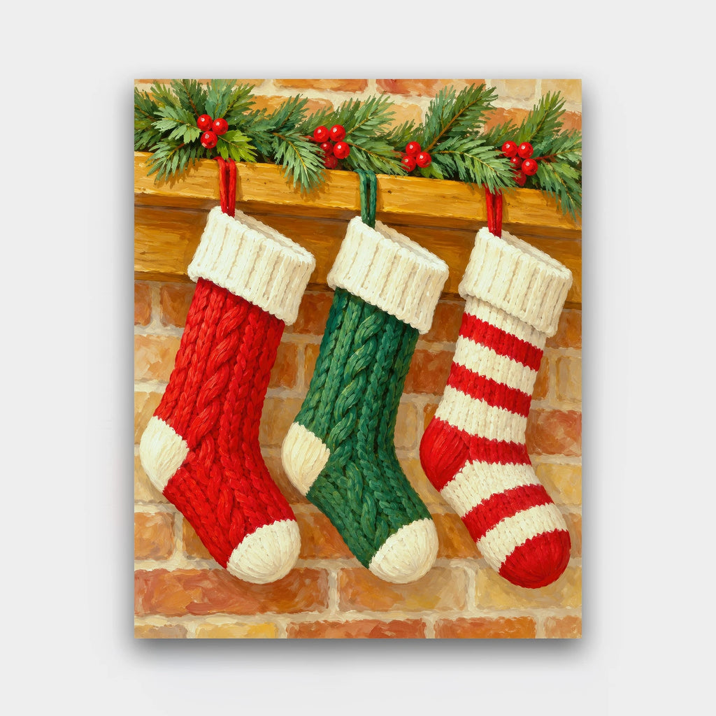 Hung by the Mantel paint by numbers kit of three knitted Christmas stockings hanging from a wooden mantel with a pine garland