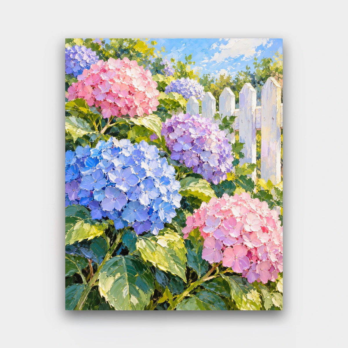 Hydrangeas by the Fence paint by numbers kit of blue, pink and violet hydrangeas beside a white picket fence in thick palette-knife strokes