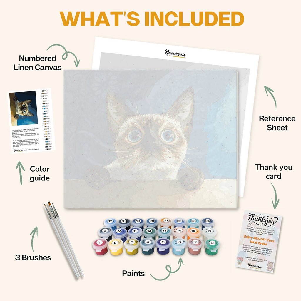 What's included in the Hypnotic Blue Eyes paint by numbers kit: numbered linen canvas, reference sheet, color guide, 24 acrylic paints, 3 brushes and thank you card