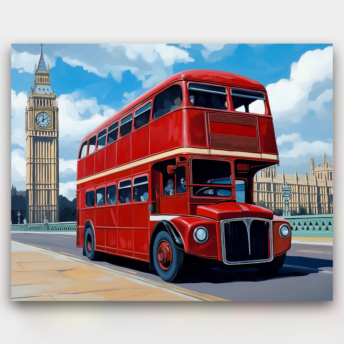 Red double-decker bus in front of Big Ben and the Houses of Parliament.