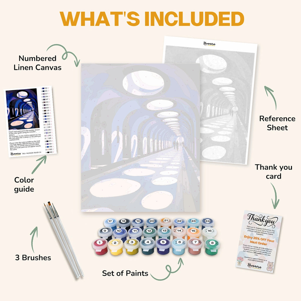 What's included in the Infinity Corridor paint by numbers kit: numbered linen canvas, reference sheet, color guide, 24 acrylic paints, 3 brushes and thank you card
