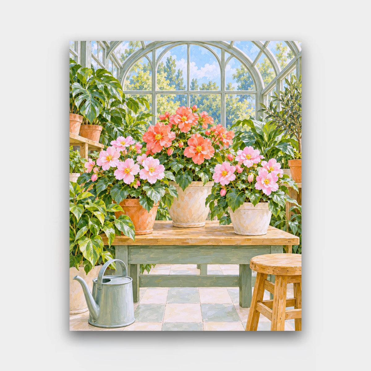 Inside the Glasshouse paint by numbers kit of an arched glass conservatory filled with flowering pots, a wooden stool and a watering can