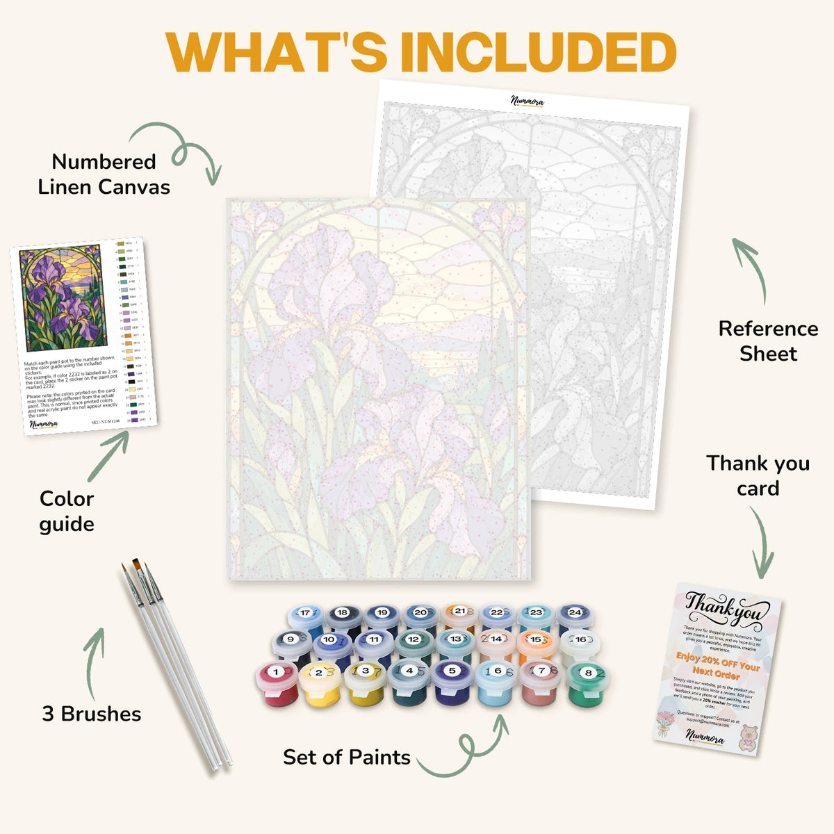What's included in the Iris Window at Sunset paint by numbers kit: numbered linen canvas, reference sheet, color guide, 24 acrylic paints, 3 brushes and thank you card