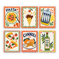 Italian Feast mini paint by numbers set: six food posters of pasta, gelato, sardines, pizza, cannoli and olive oil