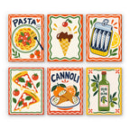 Italian Feast mini paint by numbers set: six food posters of pasta, gelato, sardines, pizza, cannoli and olive oil