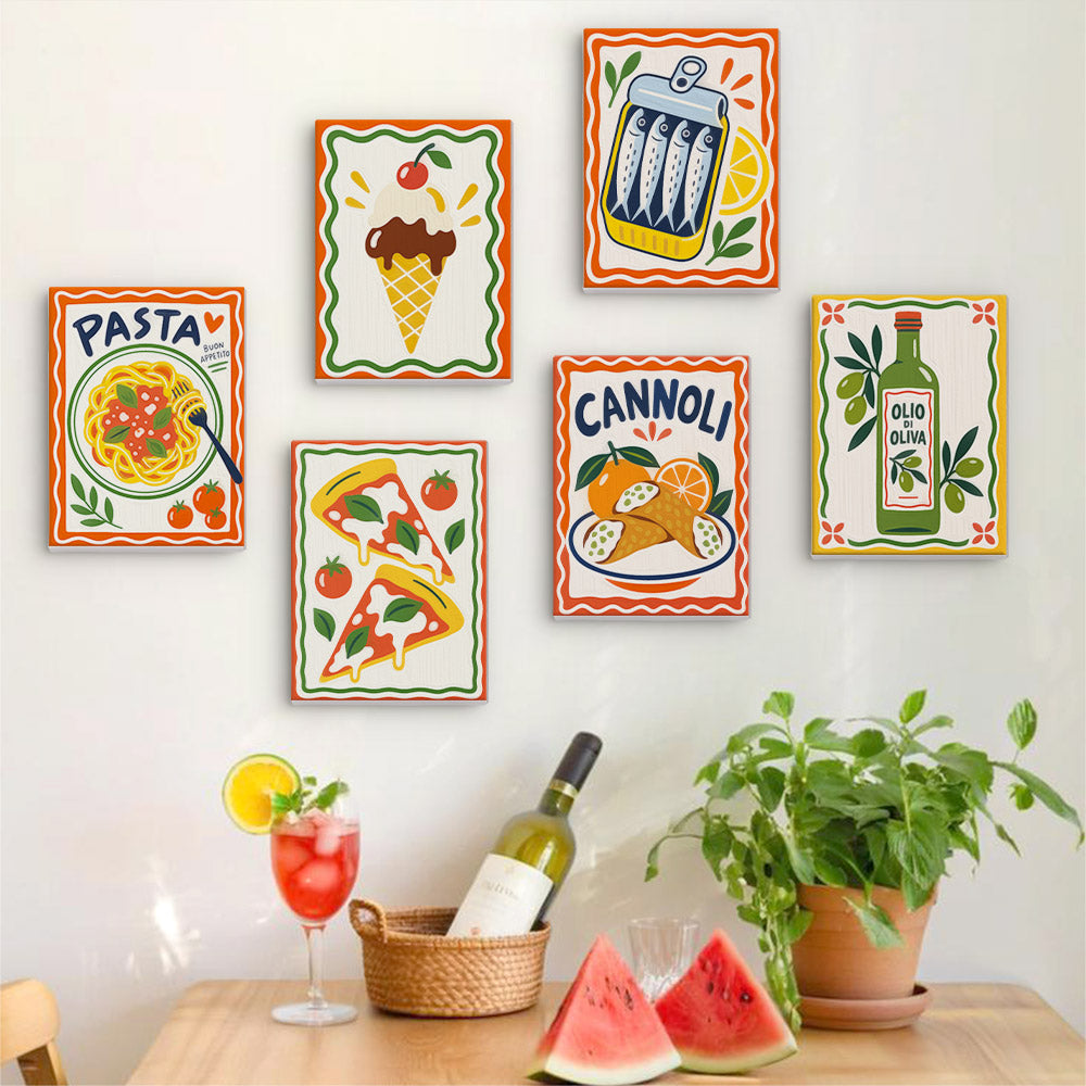 Six finished Italian Feast mini paintings hung on a wall above a table