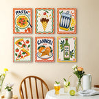 Italian Feast mini paintings displayed as a gallery wall in a sunny kitchen