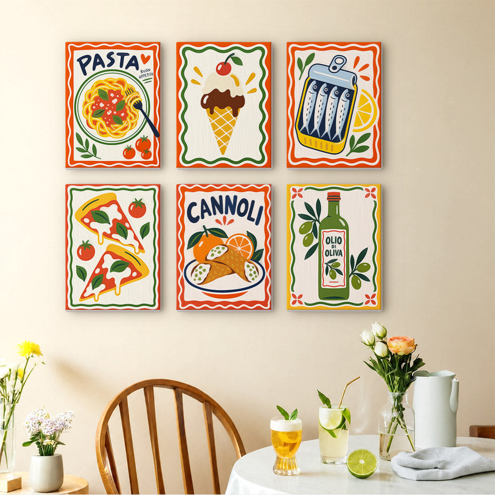 Italian Feast mini paintings displayed as a gallery wall in a sunny kitchen