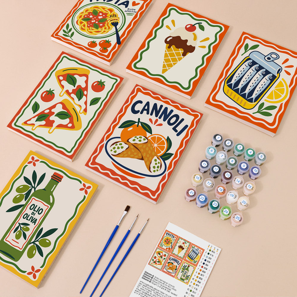Italian Feast mini paint by numbers kit with six numbered canvases, acrylic paints, brushes and layout