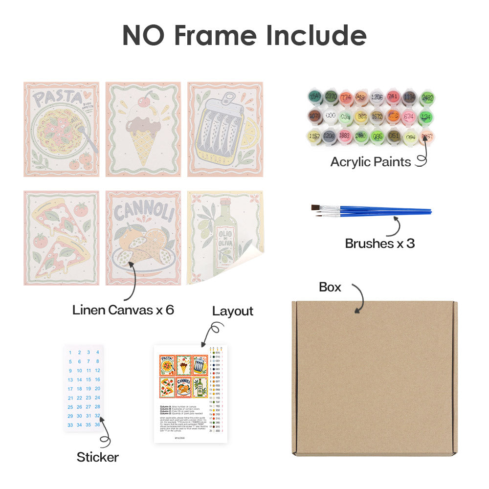 What's included without a frame: six rolled Italian Feast mini canvases, acrylic paints, three brushes and layout