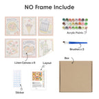 What's included without a frame: six rolled Italian Feast mini canvases, acrylic paints, three brushes and layout