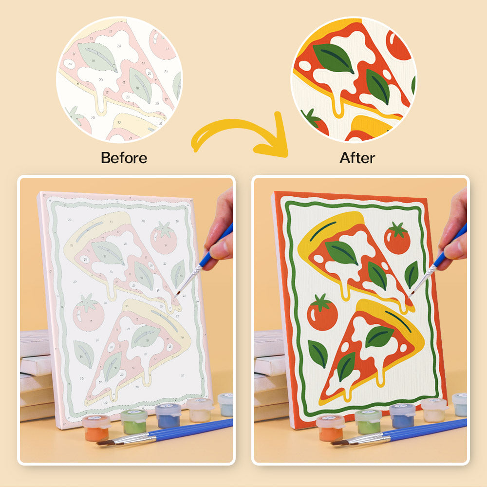 Before and after of an Italian Feast mini paint by numbers canvas