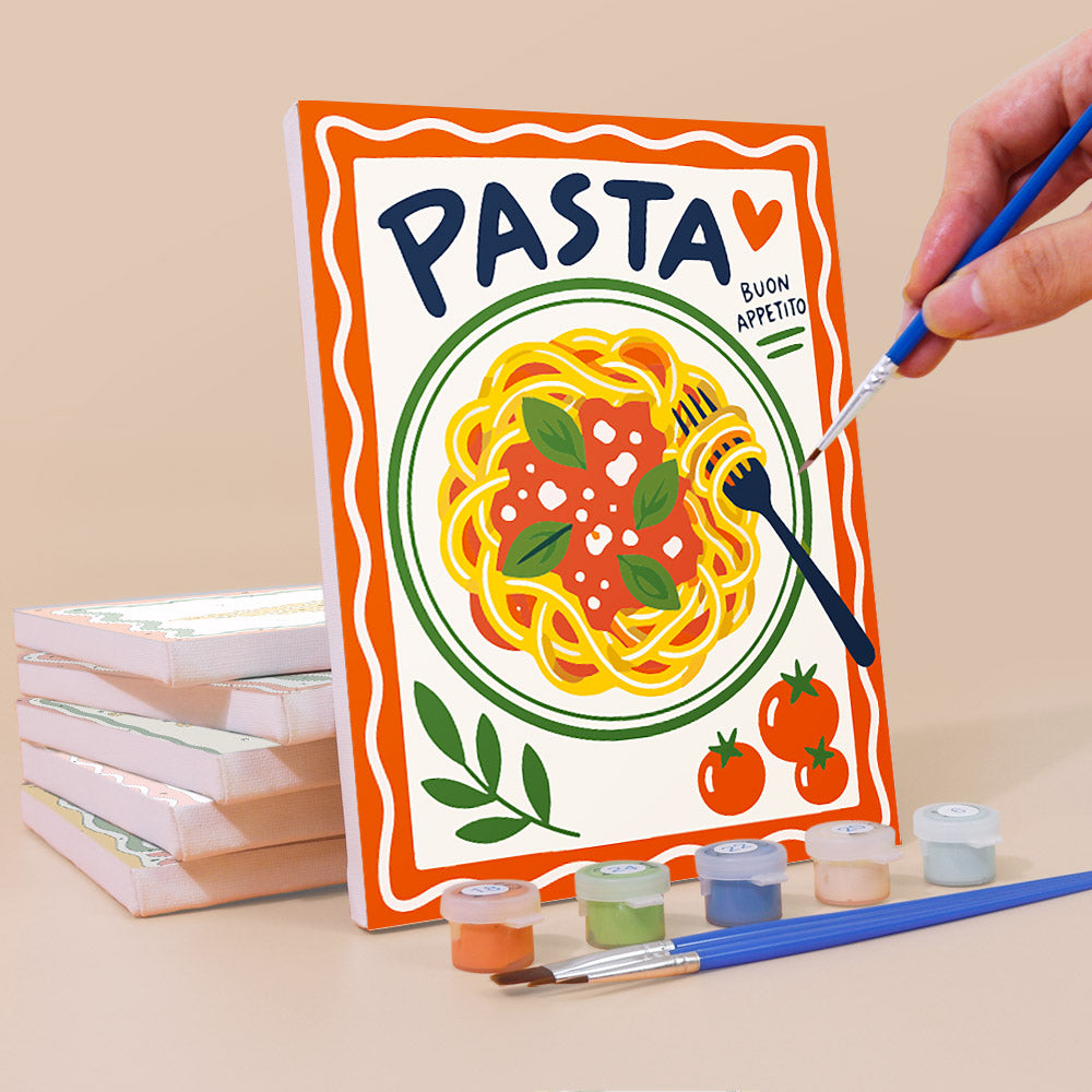 Painting an Italian Feast mini canvas propped up beside numbered acrylic paints