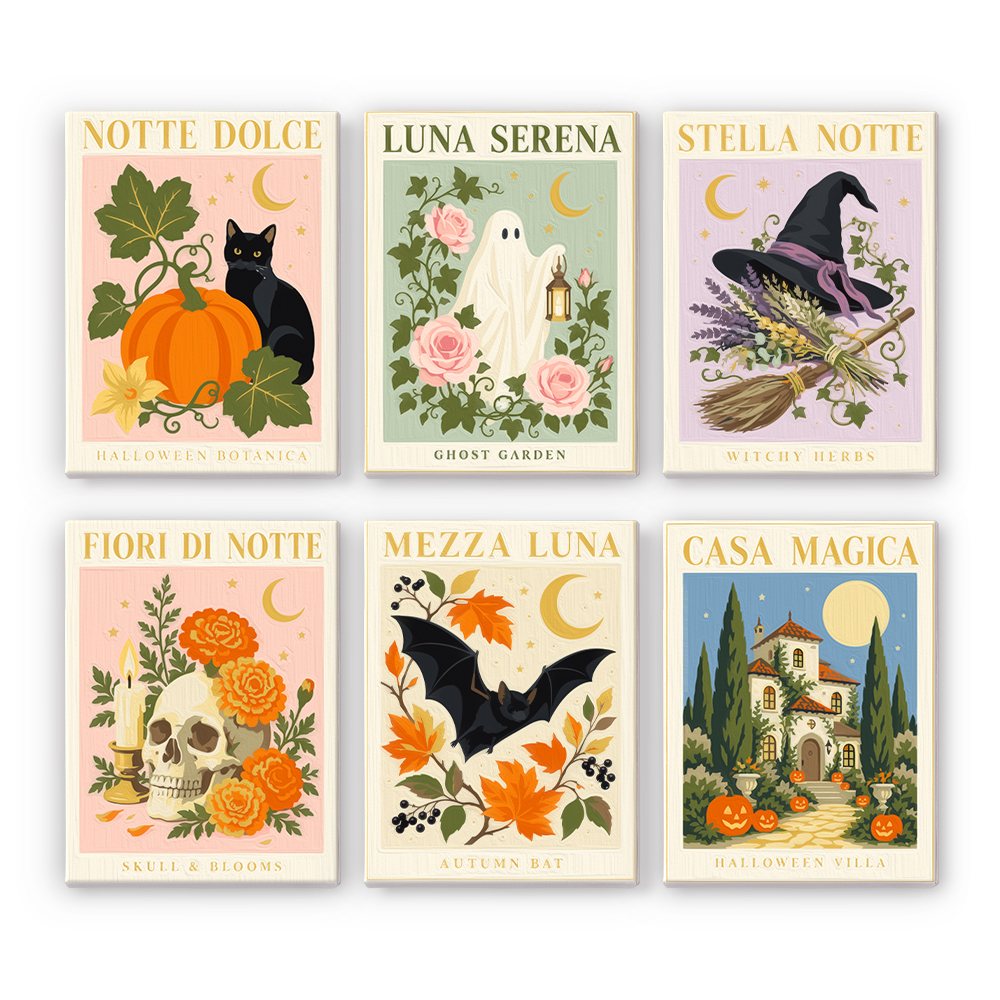 Italian Halloween Botanicals mini paint by numbers set: six vintage botanical Halloween prints with Italian titles, featuring a pumpkin and cat, a ghost in roses, a witch hat, a skull, a bat and a villa
