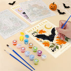 Filling in an Italian Halloween Botanicals mini canvas with numbered acrylic paints and a fine brush