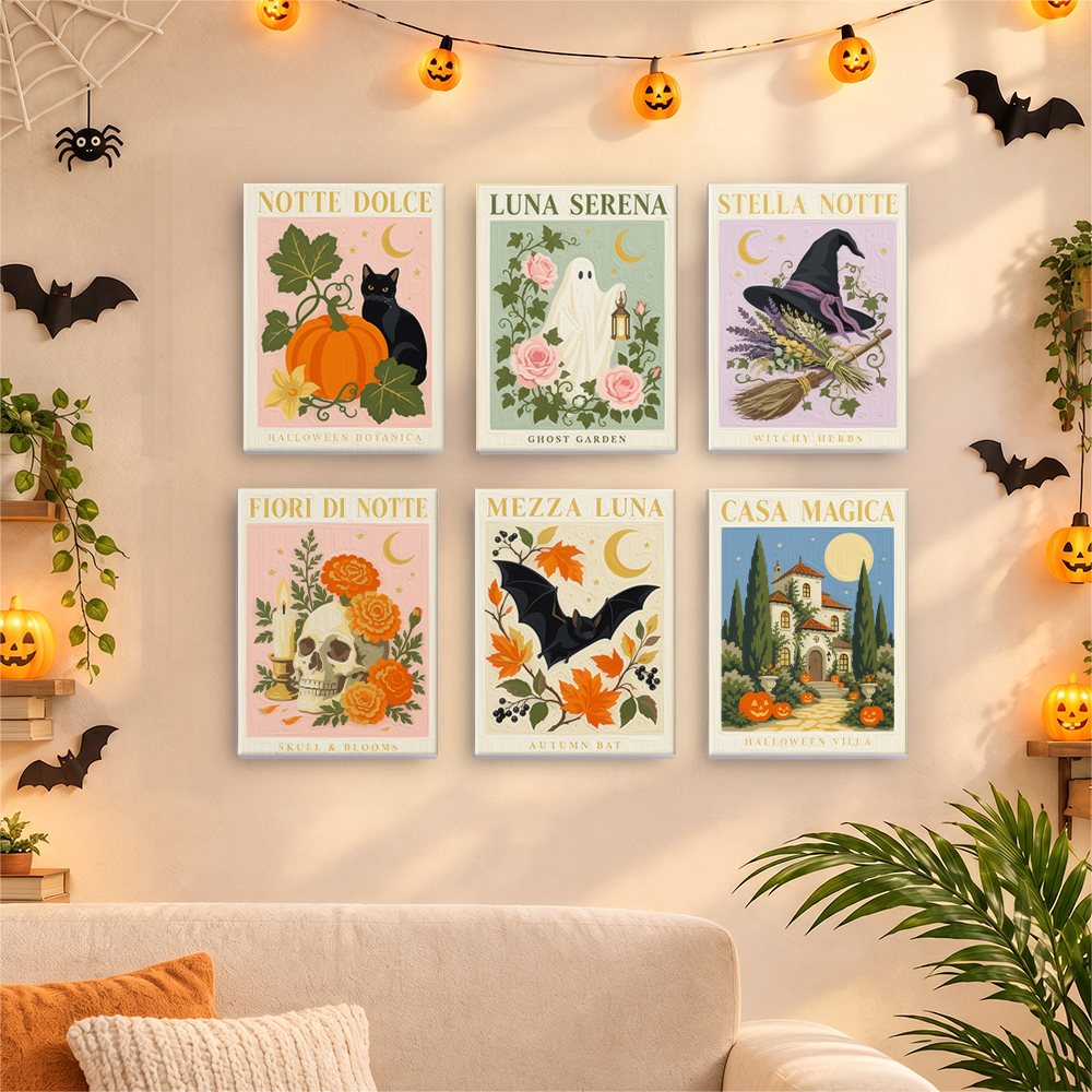 Six finished Italian Halloween Botanicals mini paintings hung on a wall above a table