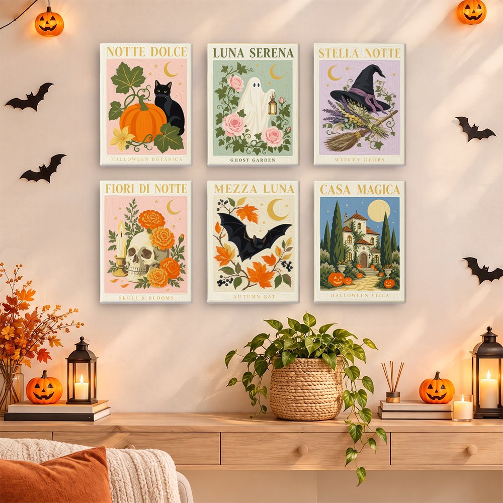 Italian Halloween Botanicals mini paintings displayed as a gallery wall in a sunny kitchen