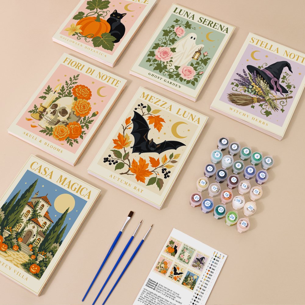 Italian Halloween Botanicals mini paint by numbers kit with six numbered canvases, acrylic paints, brushes and layout