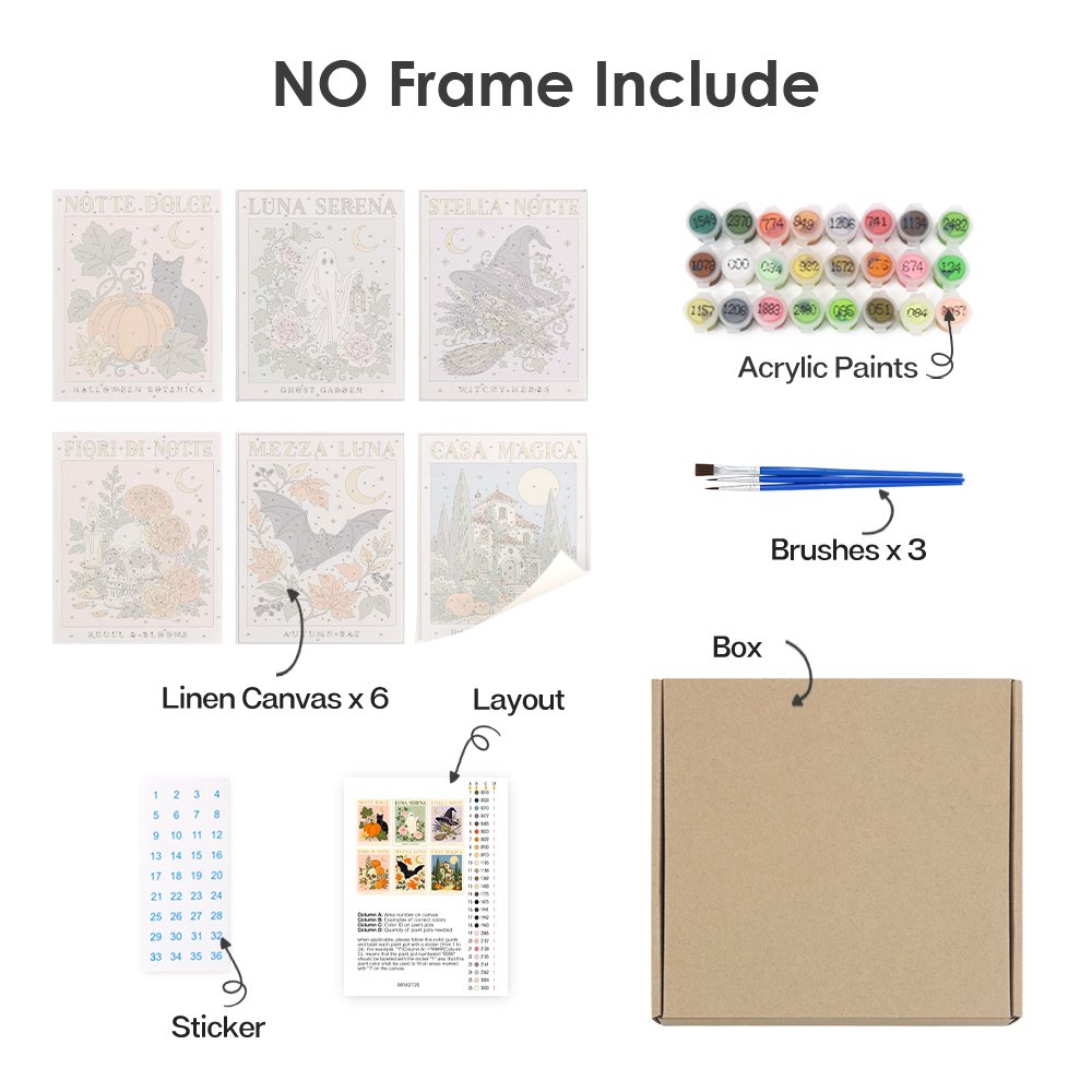 What's included without a frame: six rolled Italian Halloween Botanicals mini canvases, acrylic paints, three brushes and layout