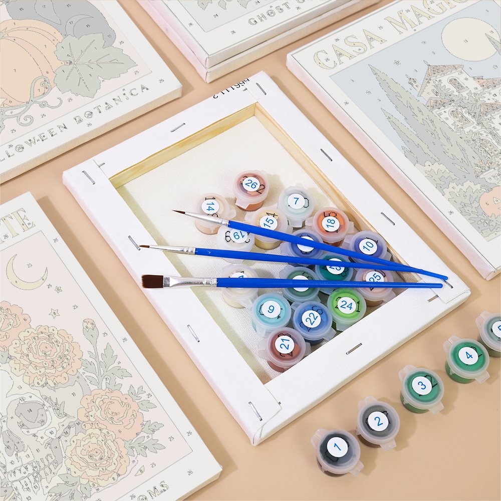 Numbered paint pots and brushes on a pre-stretched Italian Halloween Botanicals mini canvas
