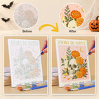 Before and after of an Italian Halloween Botanicals mini paint by numbers canvas