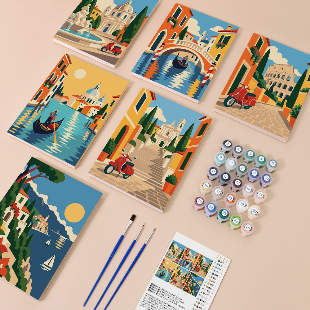 Italian Holiday mini paint by numbers kit with six numbered canvases, acrylic paints, brushes and layout