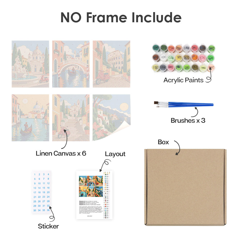 What's included without a frame: six rolled Italian Holiday mini canvases, acrylic paints, three brushes and layout