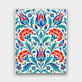Iznik Tulips paint by numbers kit of an Iznik-style tile pattern of tulips, carnations and vines in cobalt, turquoise and red