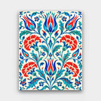 Iznik Tulips paint by numbers kit of an Iznik-style tile pattern of tulips, carnations and vines in cobalt, turquoise and red