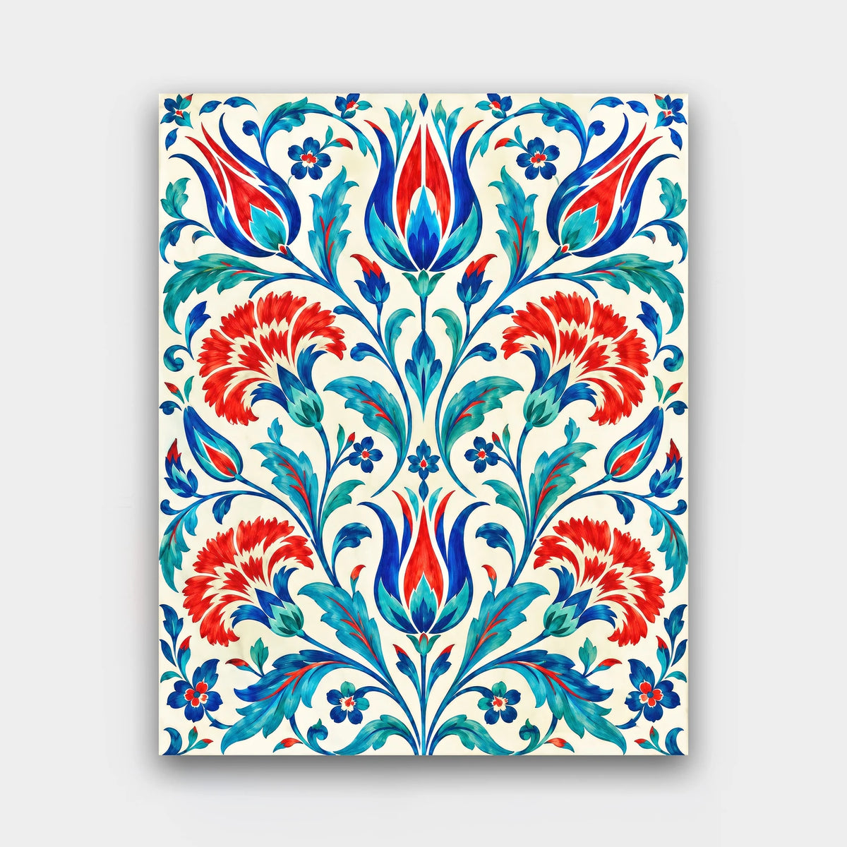 Iznik Tulips paint by numbers kit of an Iznik-style tile pattern of tulips, carnations and vines in cobalt, turquoise and red