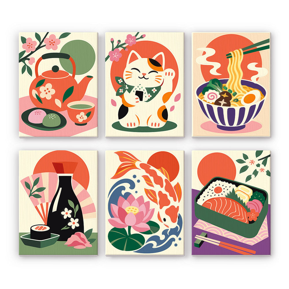Japanese Delights mini paint by numbers set: six designs of a teapot, lucky cat, ramen, sushi, koi and a bento box