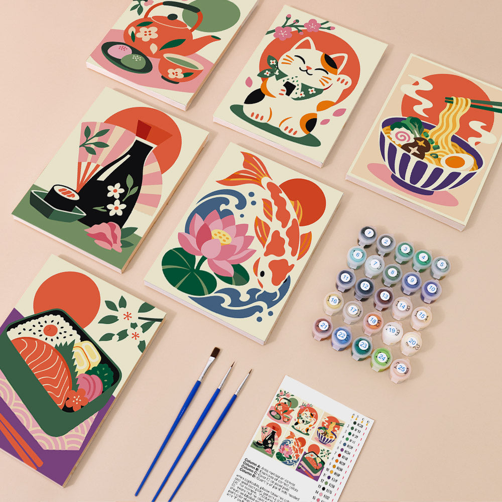 Japanese Delights mini paint by numbers kit with six numbered canvases, acrylic paints, brushes and layout
