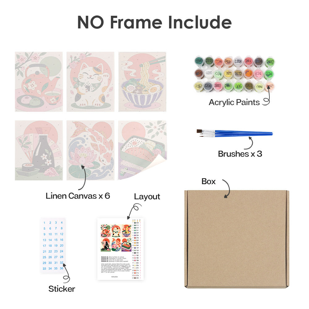 What's included without a frame: six rolled Japanese Delights mini canvases, acrylic paints, three brushes and layout