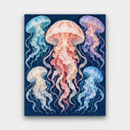 Jellyfish Bloom paint by numbers kit of five pink, blue and lavender jellyfish with flowing tentacles on deep navy