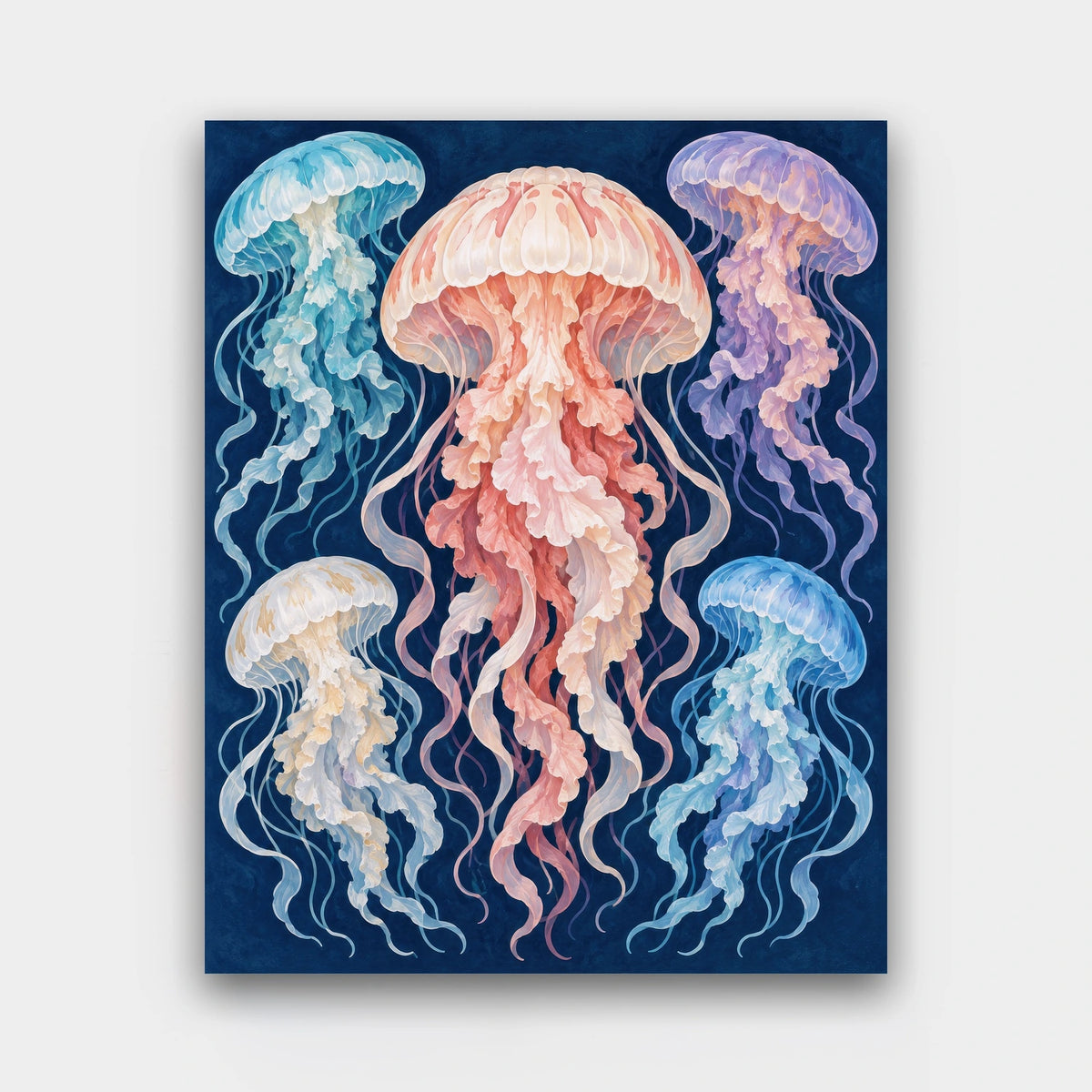 Jellyfish Bloom paint by numbers kit of five pink, blue and lavender jellyfish with flowing tentacles on deep navy