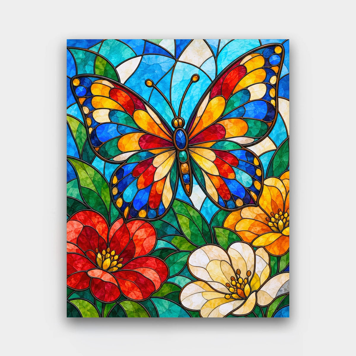 Jewel Glass Butterfly paint by numbers kit of a stained-glass butterfly among red and white flowers in jewel colors with dark leading