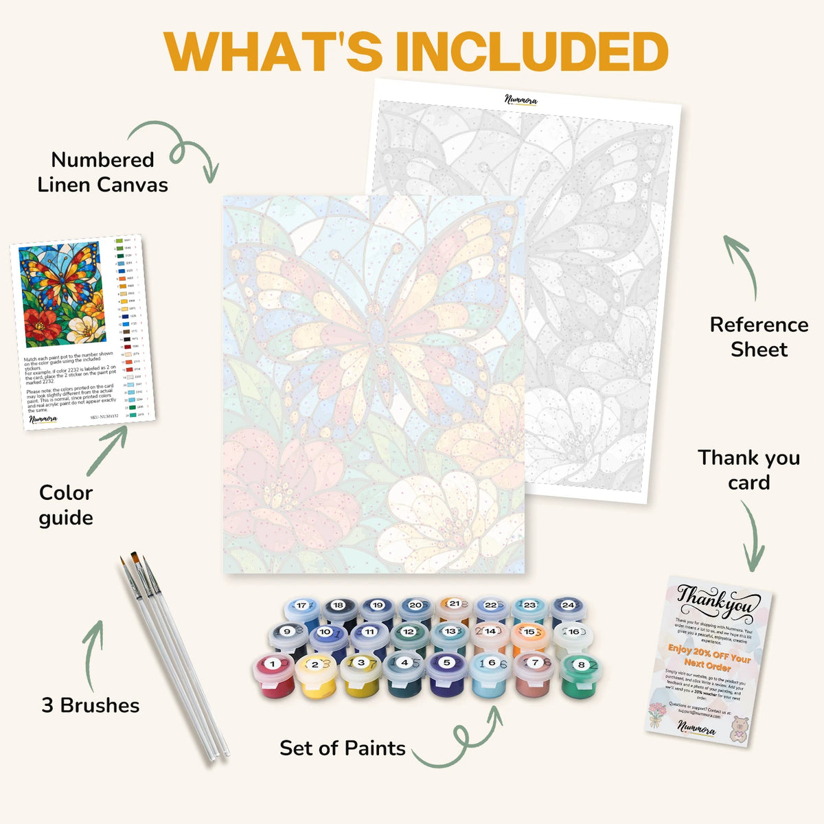 What's included in the Jewel Glass Butterfly paint by numbers kit: numbered linen canvas, reference sheet, color guide, 24 acrylic paints, 3 brushes and thank you card