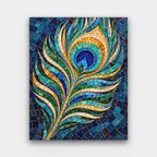 Jewel Peacock Feather paint by numbers kit of a peacock feather in jewel-toned mosaic tiles on a dark blue background