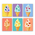 Jeweled Cones mini paint by numbers set: six soft-serve ice cream cones topped with gems and hearts on bright backgrounds