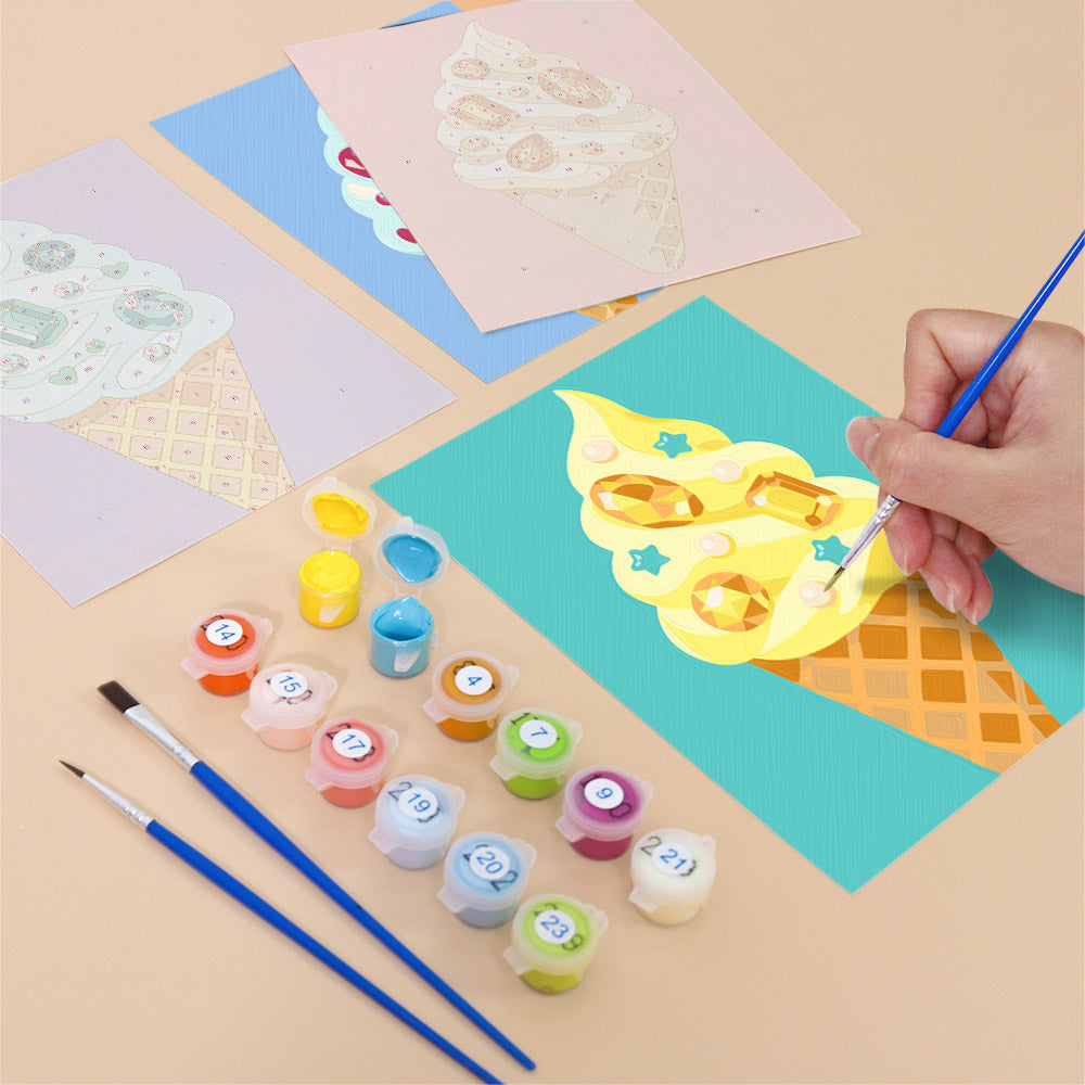 Filling in a Jeweled Cones mini canvas with numbered acrylic paints and a fine brush